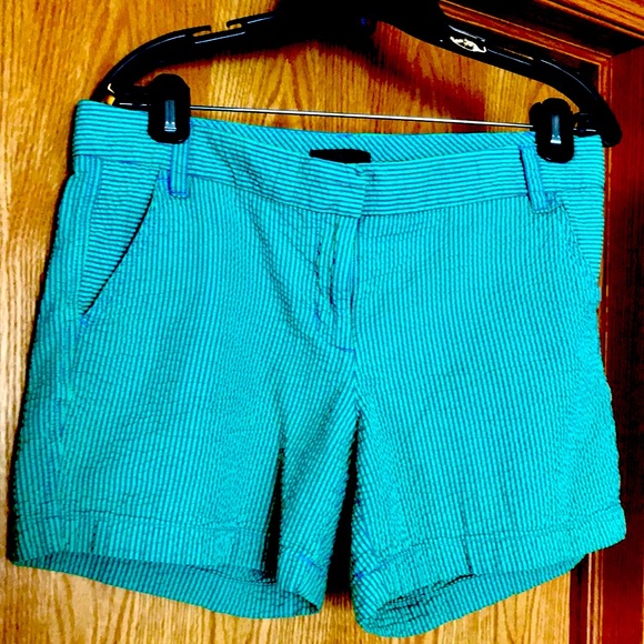 J.Crew size 8 pinstriped preppy cotton seersucker shorts aqua blue mint green - Picture 1 of 9